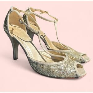J Crew Collection gold glitter t strap heels dress shoes 8.5.
